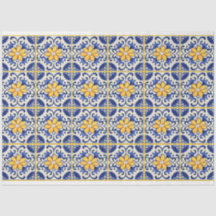 黄色い花とグラウト付きの青いタイル