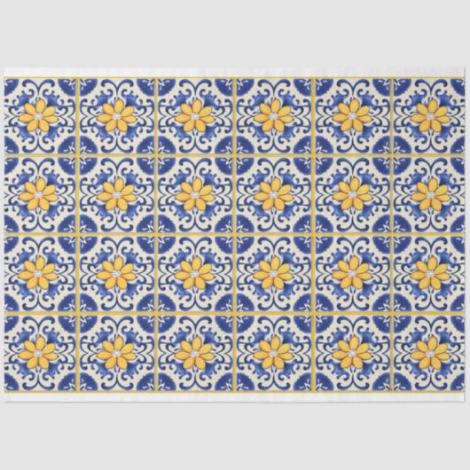 黄色い花とグラウト付きの青いタイル 薄葉紙 (正面)