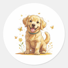 黄色い花とゴールデンレトリバーの子犬 ラウンドシール