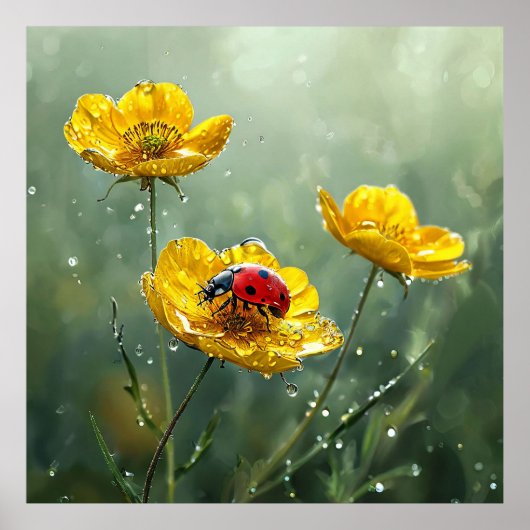 🐞 黄色い花とテントウムシの自然シーン 🐞 ポスター (正面)