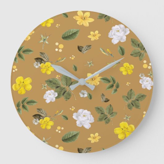 黄色い花と白いバラ4 ラージ壁時計 (正面)
