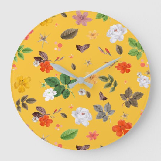 黄色い花と白いローズ 10 ラージ壁時計 (正面)