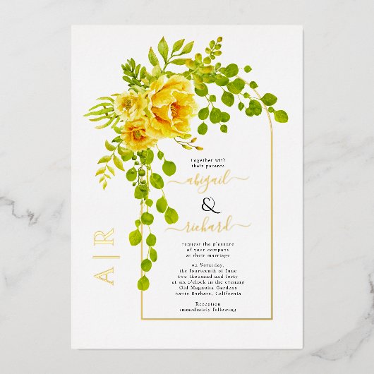 黄色い花と結婚アーチ実在金ゴールド 箔招待状 (正面)
