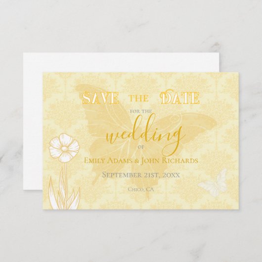 黄色い花と蝶結婚の セーブザデート (正面/裏面)