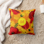 黄色い花と赤いポピーモノグラムのズ クッション (ブランケット)