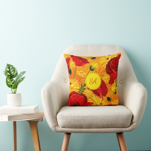 黄色い花と赤いポピーモノグラムのズ クッション (椅子)