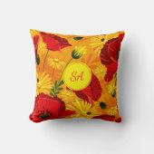 黄色い花と赤いポピーモノグラムのズ クッション (正面)