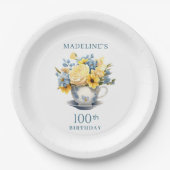 黄色い花と青い花のティーカップ 100歳の誕生日 ペーパープレート (正面)