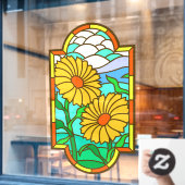 黄色い花と青空の模造ステンドグラス ウィンドウサイン (カフェ窓)