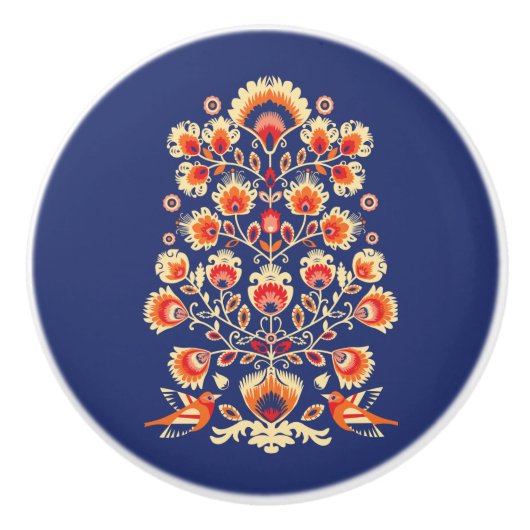 💙💛🧡黄色い花と鳥を持つ民俗学 セラミックノブ (正面)