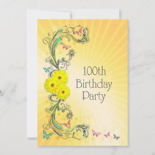 黄色い花と100th誕生日パーティー招待状 招待状 (正面)