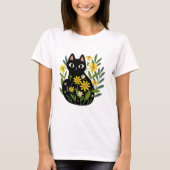 黄色い花に囲まれたウィスキカルな黒猫 Tシャツ (正面)