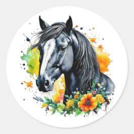 黄色い花に囲まれた美しい黒馬 ラウンドシール
