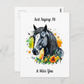 黄色い花に囲まれた黒馬ハイ ポストカード (正面/裏面)