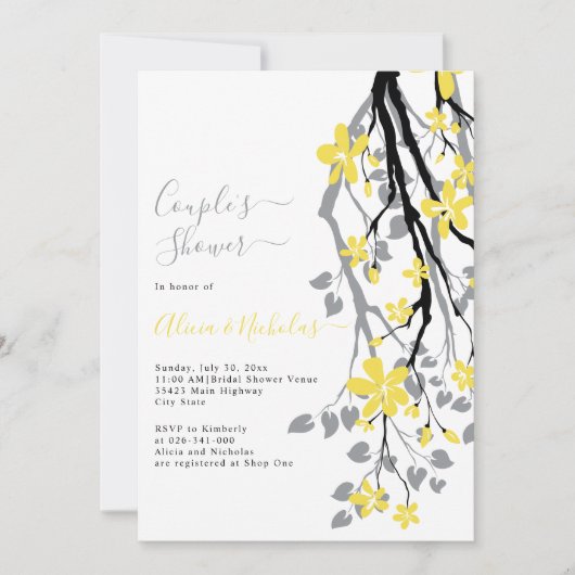 黄色い花のカップルのシャワーと灰色の枝 招待状 (正面)