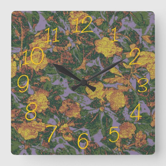 黄色い花のカムフラージュパターン スクエア壁時計 (正面)