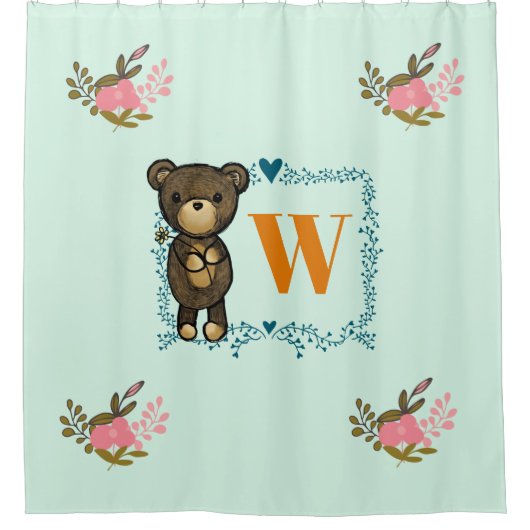 黄色い花のモノグラムを持つかわいい茶色のクマ シャワーカーテン (正面)