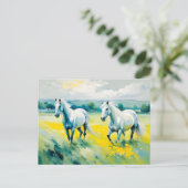 黄色い花の中を駆ける二頭の白馬 ポストカード (スタンド正面)