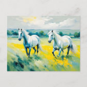 黄色い花の中を駆ける二頭の白馬 ポストカード (正面)