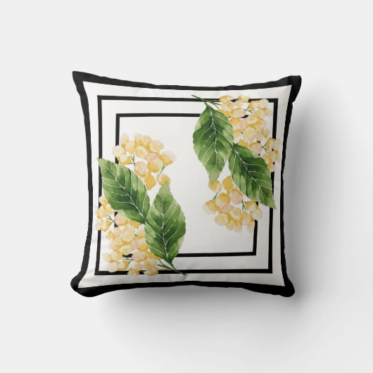 黄色い花の付いた白黒の枕 クッション (正面)