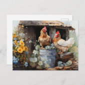 黄色い花の前でくつろぐニワトリたち ポストカード (正面/裏面)
