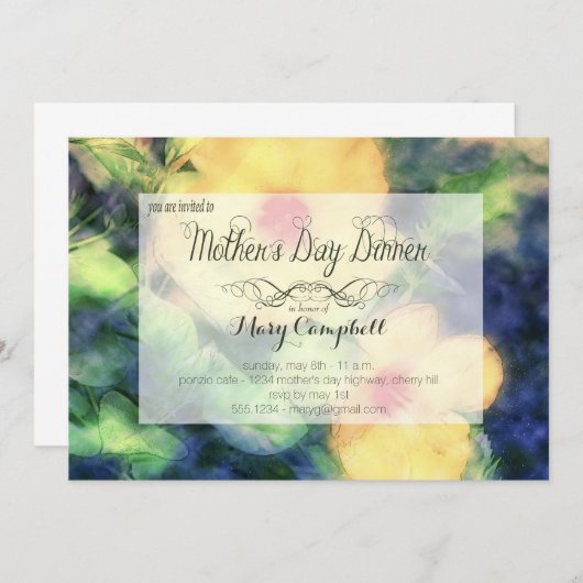 黄色い花の母の日の夕食の招待状 招待状 (正面/裏面)