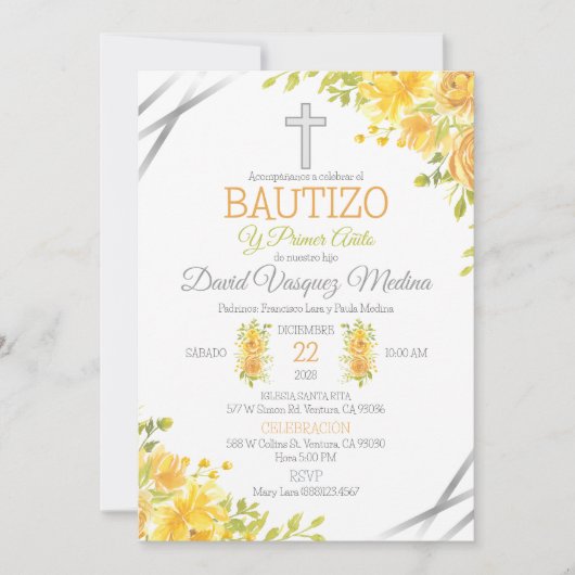 黄色い花の洗礼とスペインの第一誕生日 招待状 (正面)