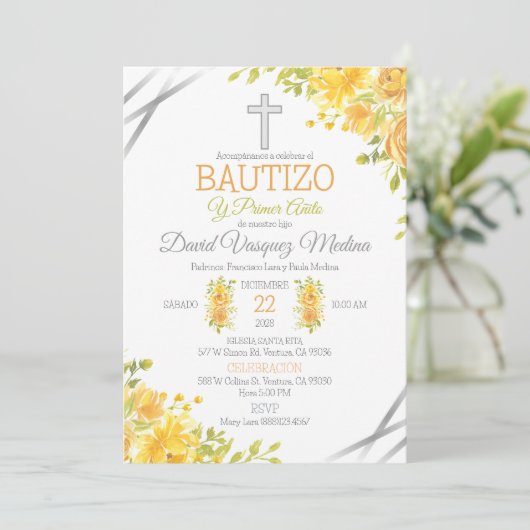 黄色い花の洗礼とスペインの第一誕生日 招待状 (スタンド正面)