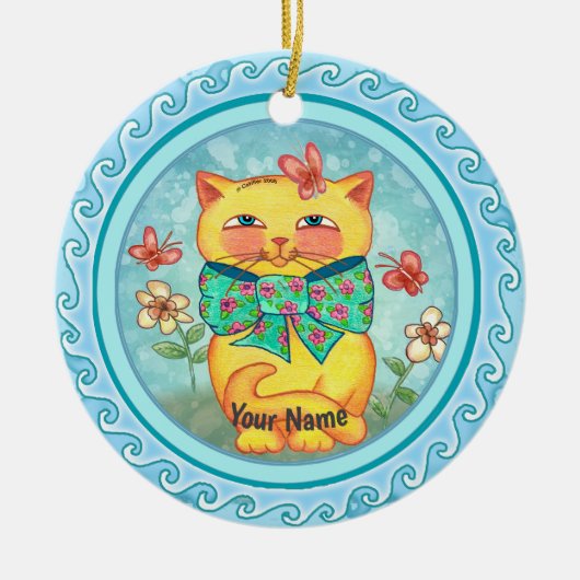 黄色い花の猫 セラミックオーナメント (正面)