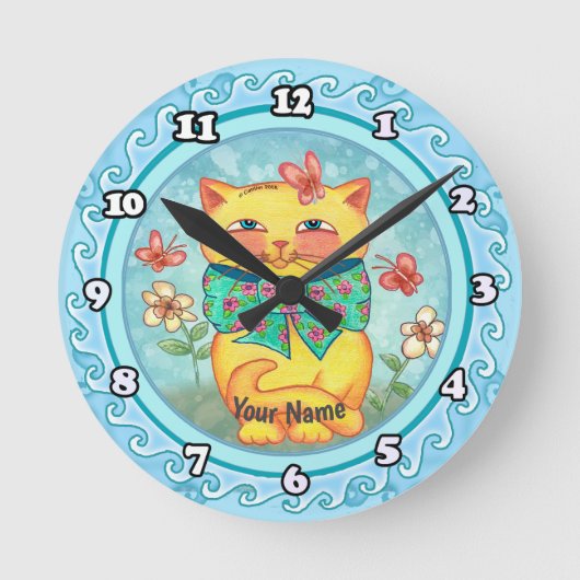 黄色い花の猫 ラウンド壁時計 (正面)