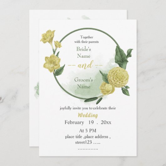 黄色い花の緑のリース結婚の 招待状 (正面/裏面)