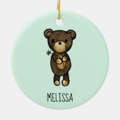 黄色い花の花を持つかわいい茶色のカスタムクマ セラミックオーナメント (裏面)