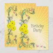 黄色い花の誕生日パーティー招待状 招待状 (正面/裏面)