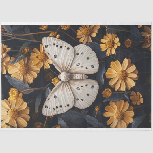 黄色い花の間で休んでいる白い蛾 薄葉紙 (正面)