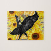 黄色い花の黒いカラス及びヒマワリの芸術 ジグソーパズル (横)