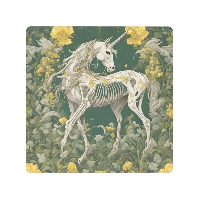 黄色い花のUnicornスケルトン メタルプリント (正面)