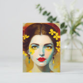 黄色い花はがき付き女性 ポストカード (スタンド正面)