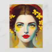 黄色い花はがき付き女性 ポストカード (正面)