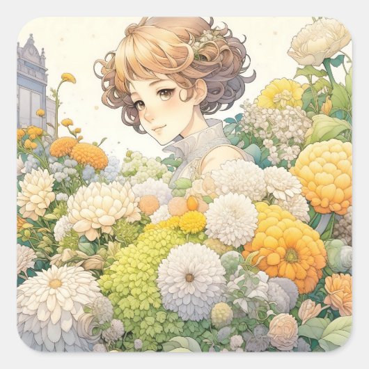 黄色い花を咲かせたアニメの少女 スクエアシール (正面)