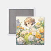 黄色い花を咲かせたアニメの少女 マグネット (正面/裏面)