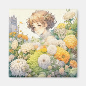 黄色い花を咲かせたアニメの少女 マグネット (正面)