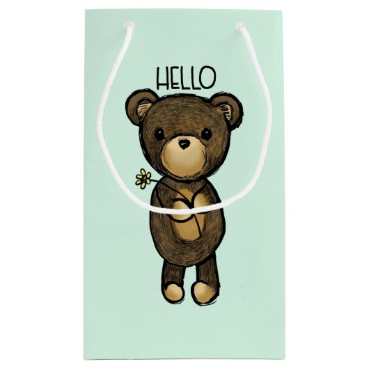 黄色い花を持つかわいい茶色のクマ スモールペーパーバッグ (裏面)