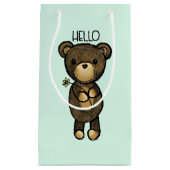 黄色い花を持つかわいい茶色のクマ スモールペーパーバッグ (正面)