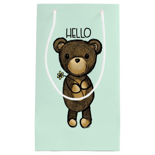 黄色い花を持つかわいい茶色のクマ スモールペーパーバッグ (正面)