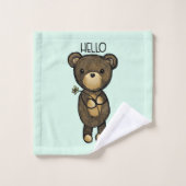 黄色い花を持つかわいい茶色のクマ バスタオルセット (ウォッシュタオル)