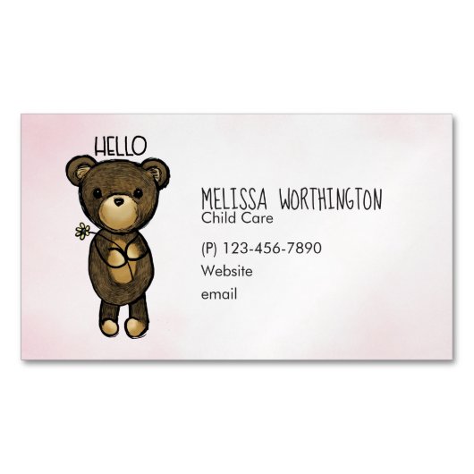 黄色い花を持つかわいい茶色のクマ マグネット名刺 (正面)