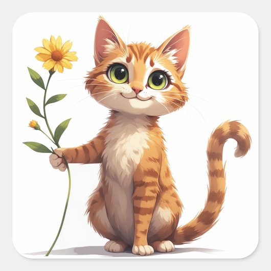 黄色い花を持つ幸せな子猫 🌺 スクエアシール (正面)
