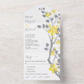 黄色い花を持つ灰色の枝結婚イニシャル オールインワン招待状 (内側)