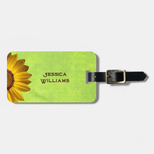 黄色い花オン抽象芸術グリーンモノグラム ラゲッジタグ (正面横)
