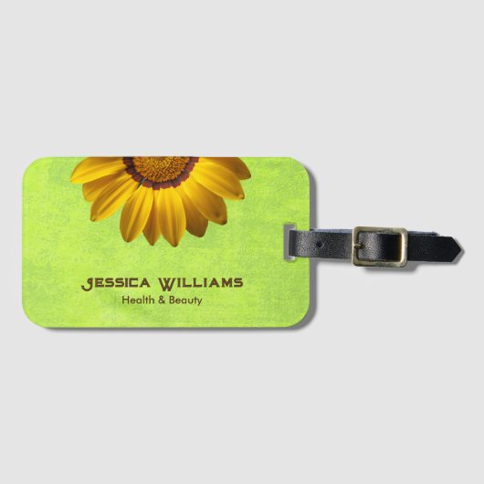 黄色い花オン抽象芸術グリーンモノグラム ラゲッジタグ (正面横)